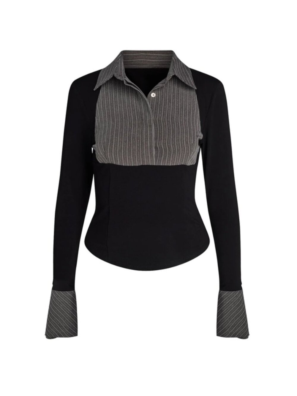 I.AM.GIA Sharah Top Black Gray Pinstripe Contrast Collared Top Size Small